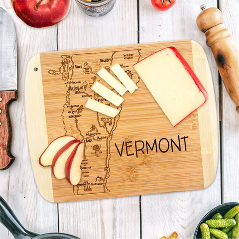Totally Bamboo Vermont state board showing towns, perfect for cheese and appetizers.
