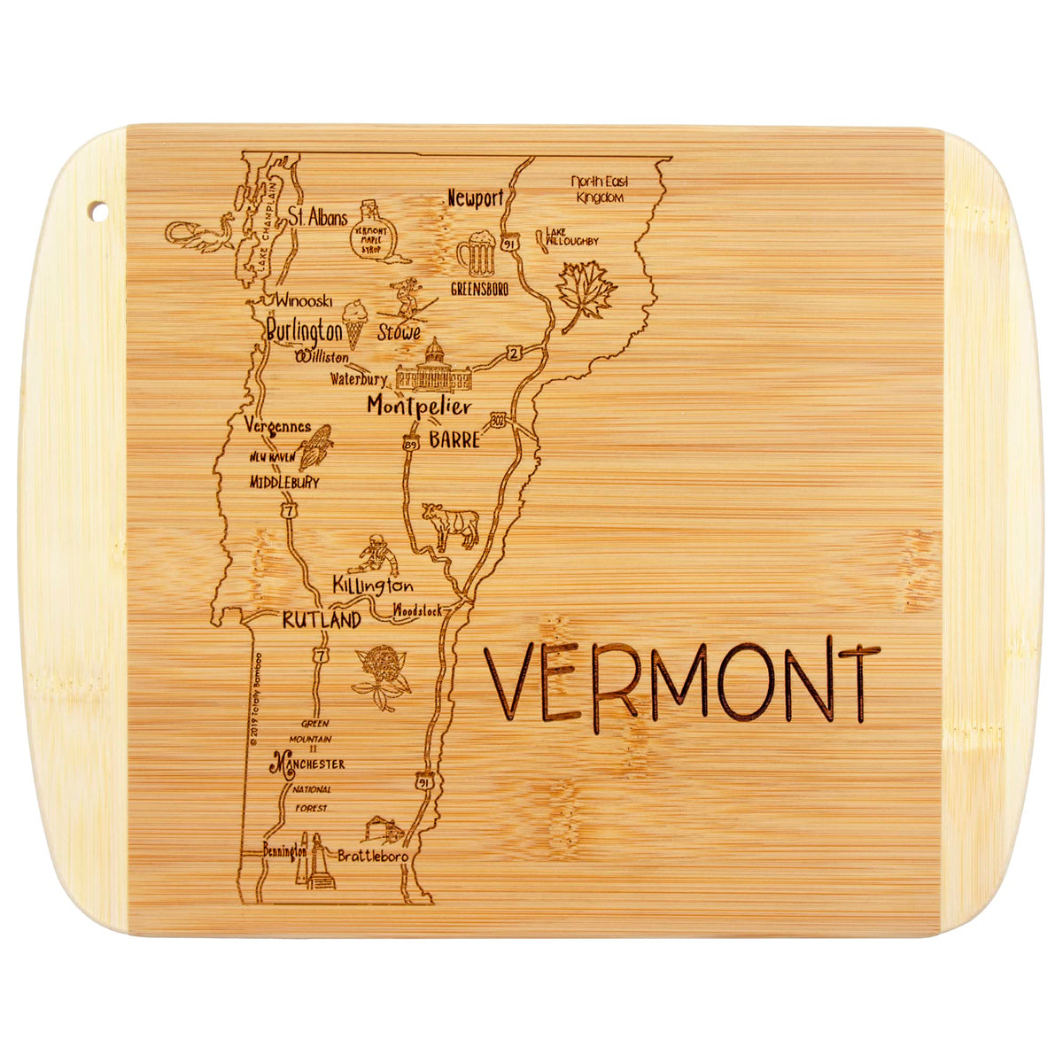 Totally Bamboo Vermont state board with engraved map, ideal for entertaining.