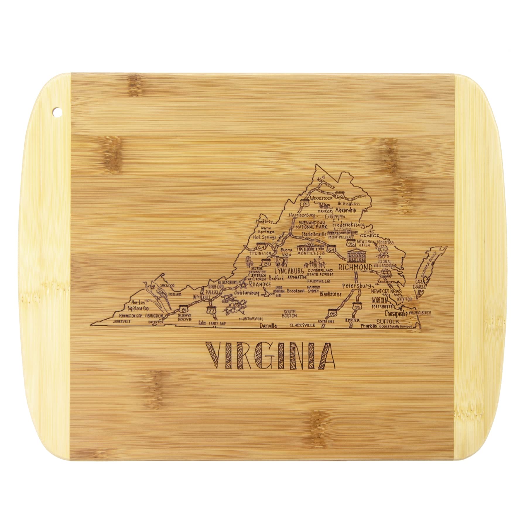 Totally Bamboo Virginia state cutting board shows engraved Virginia map for serving