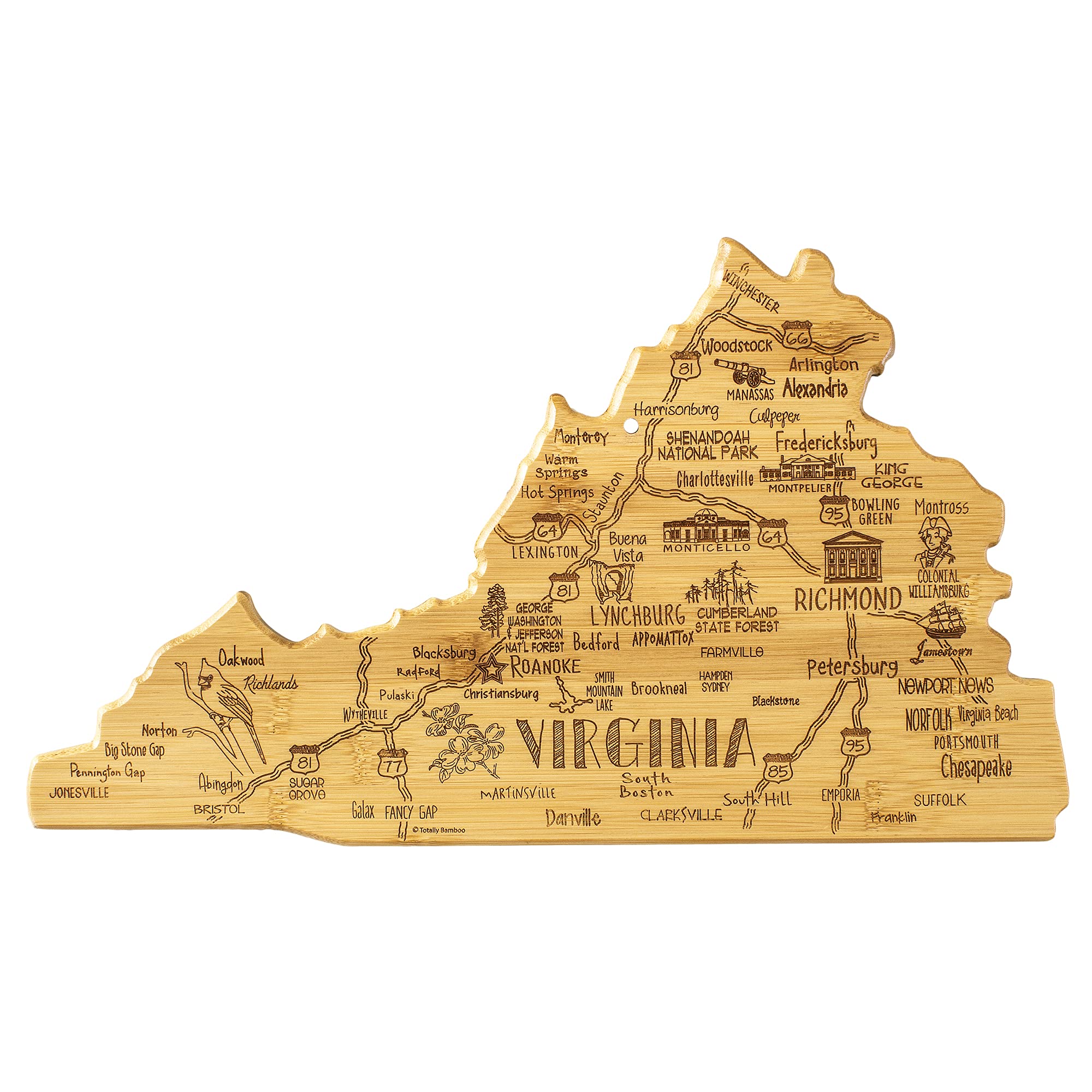 Totally Bamboo Virginia state board with laser-engraved map for elegant serving.