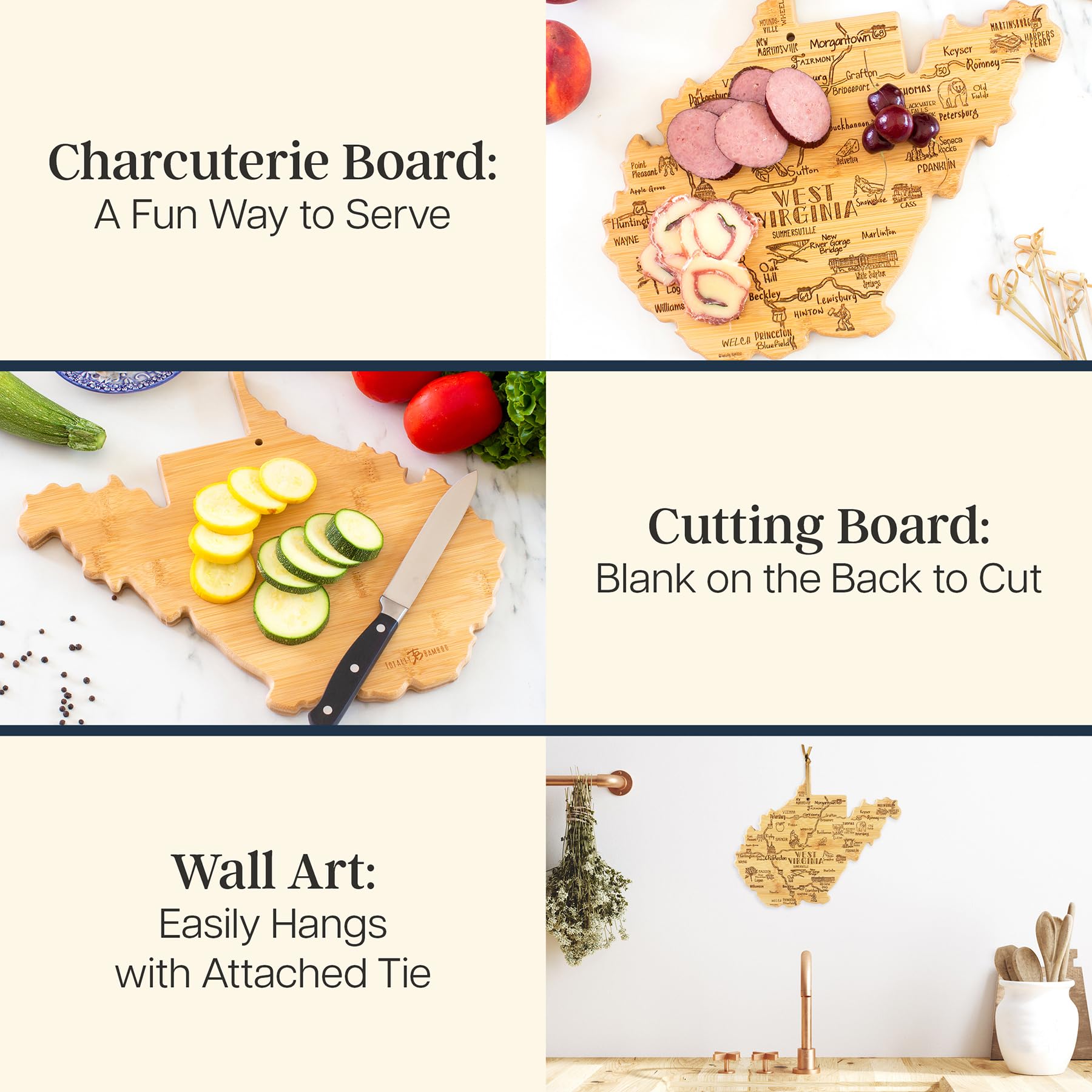 Totally Bamboo West Virginia charcuterie board highlighting landmarks for entertaining.