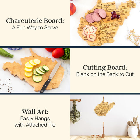 Totally Bamboo West Virginia charcuterie board highlighting landmarks for entertaining.