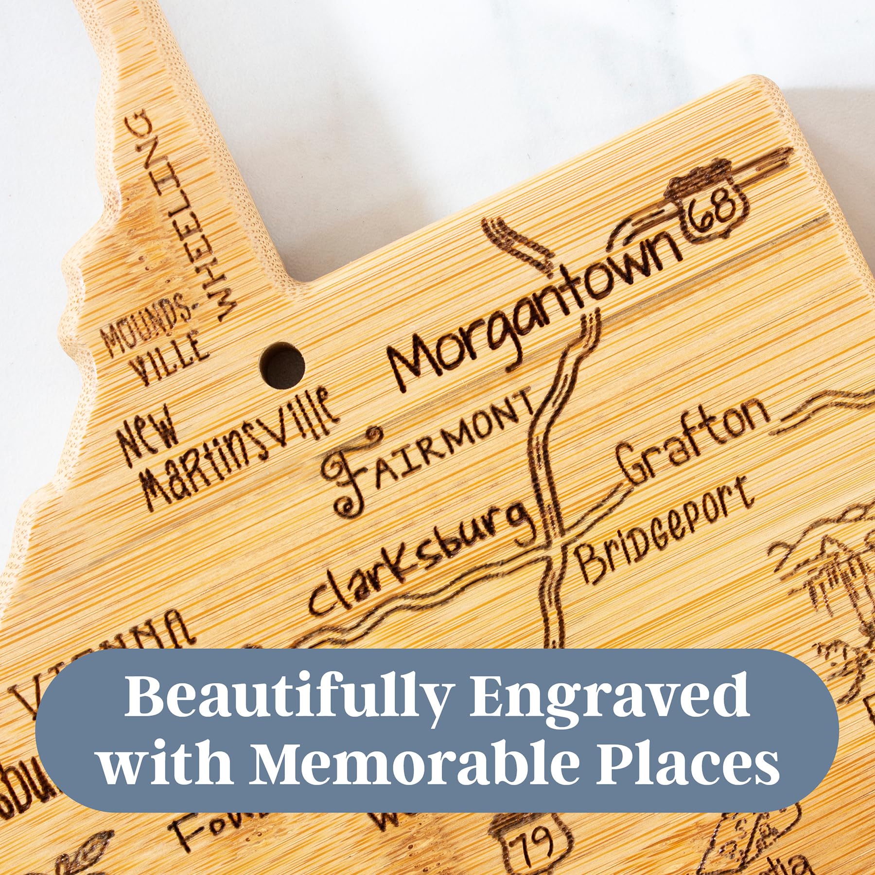 Totally Bamboo laser-engraved WV map art on a state-shaped board for display and meals.
