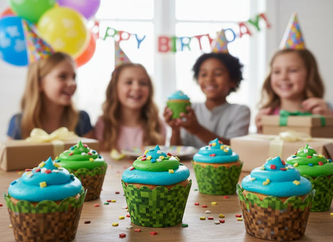 Toula Pixel Grass cupcake wrapper around a cupcake for quick party presentation