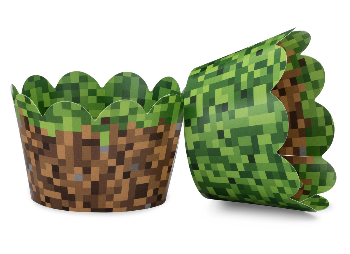 Toula Pixel Grass cupcake wrapper shows green brown gray grass design for a themed birthday dessert