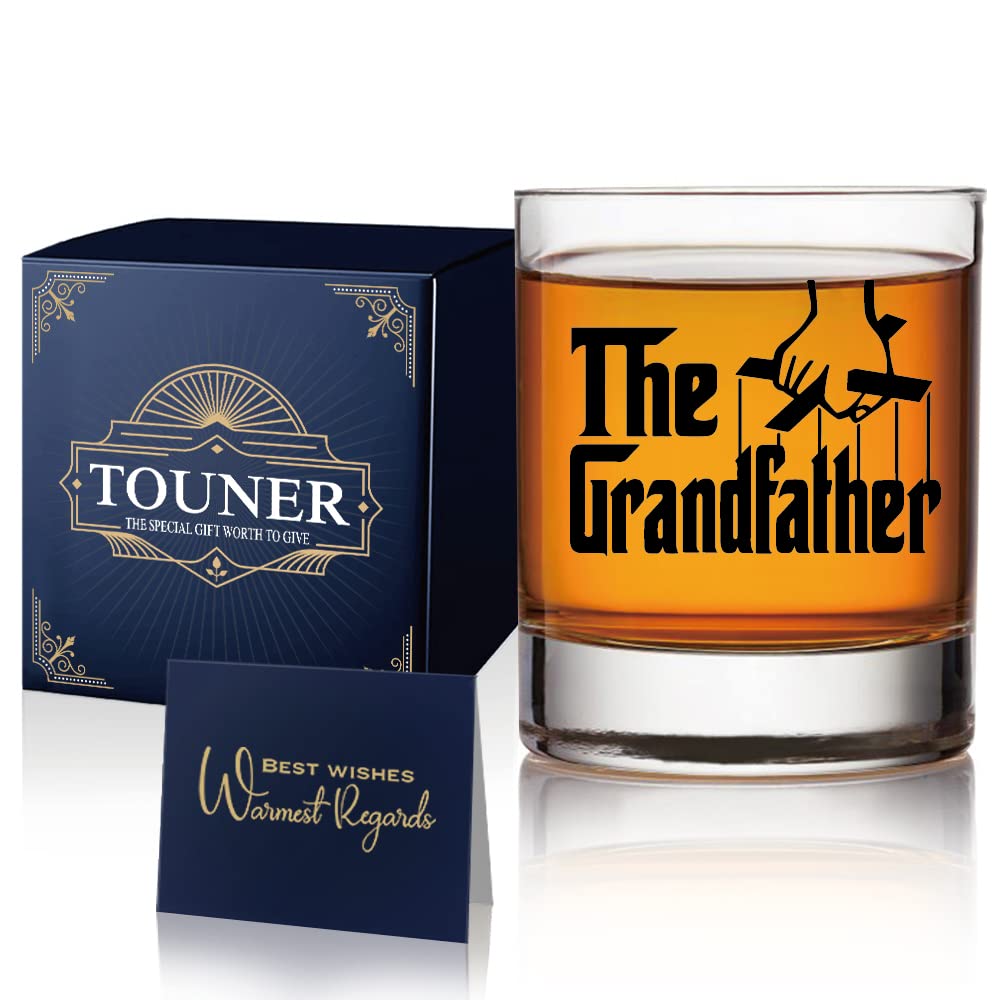 TOUNER Grandfather whiskey glass in gift box, ready for Father’s Day gifting.
