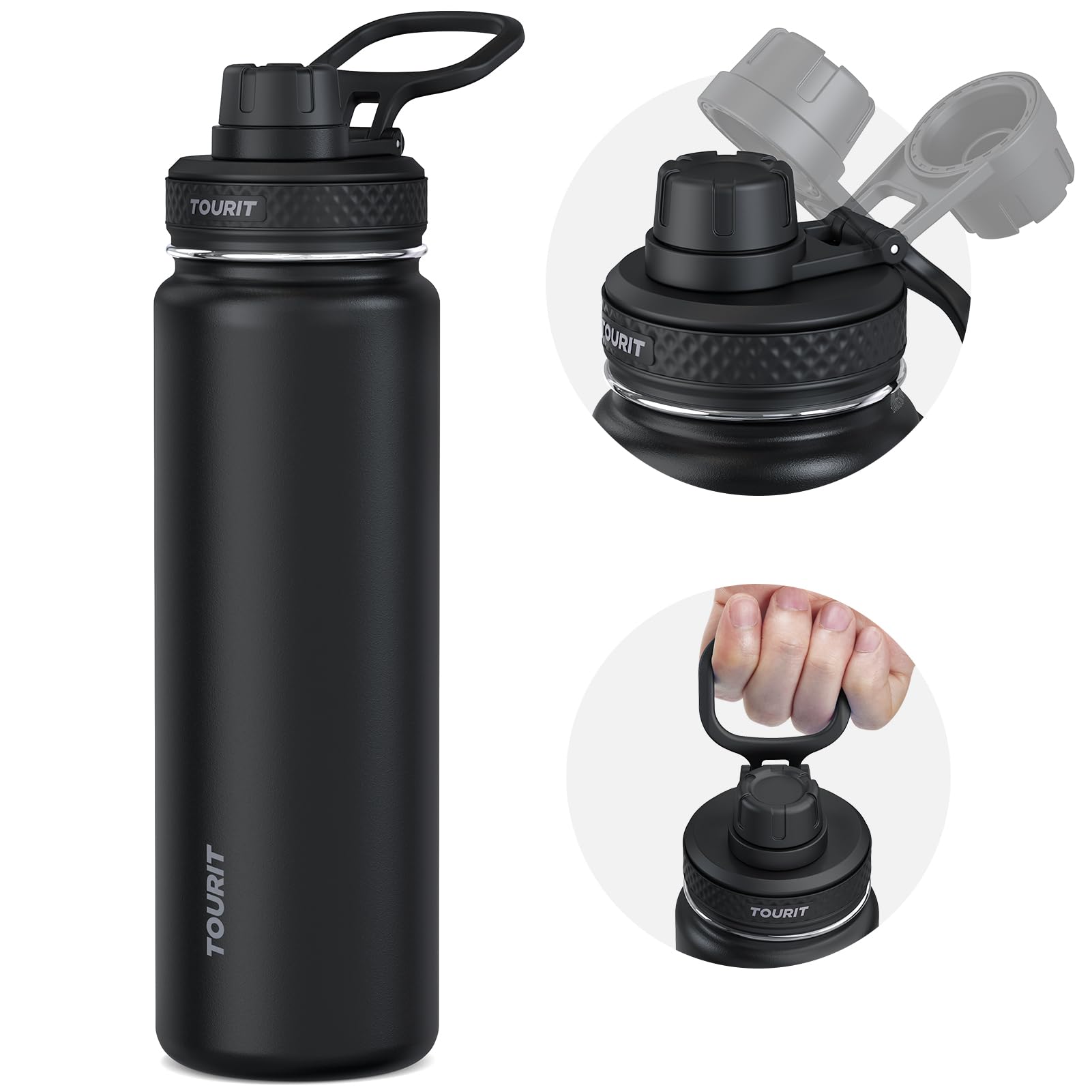 TOURIT 24 oz bottle cap close-up shows leak-proof design for on-the-go use.