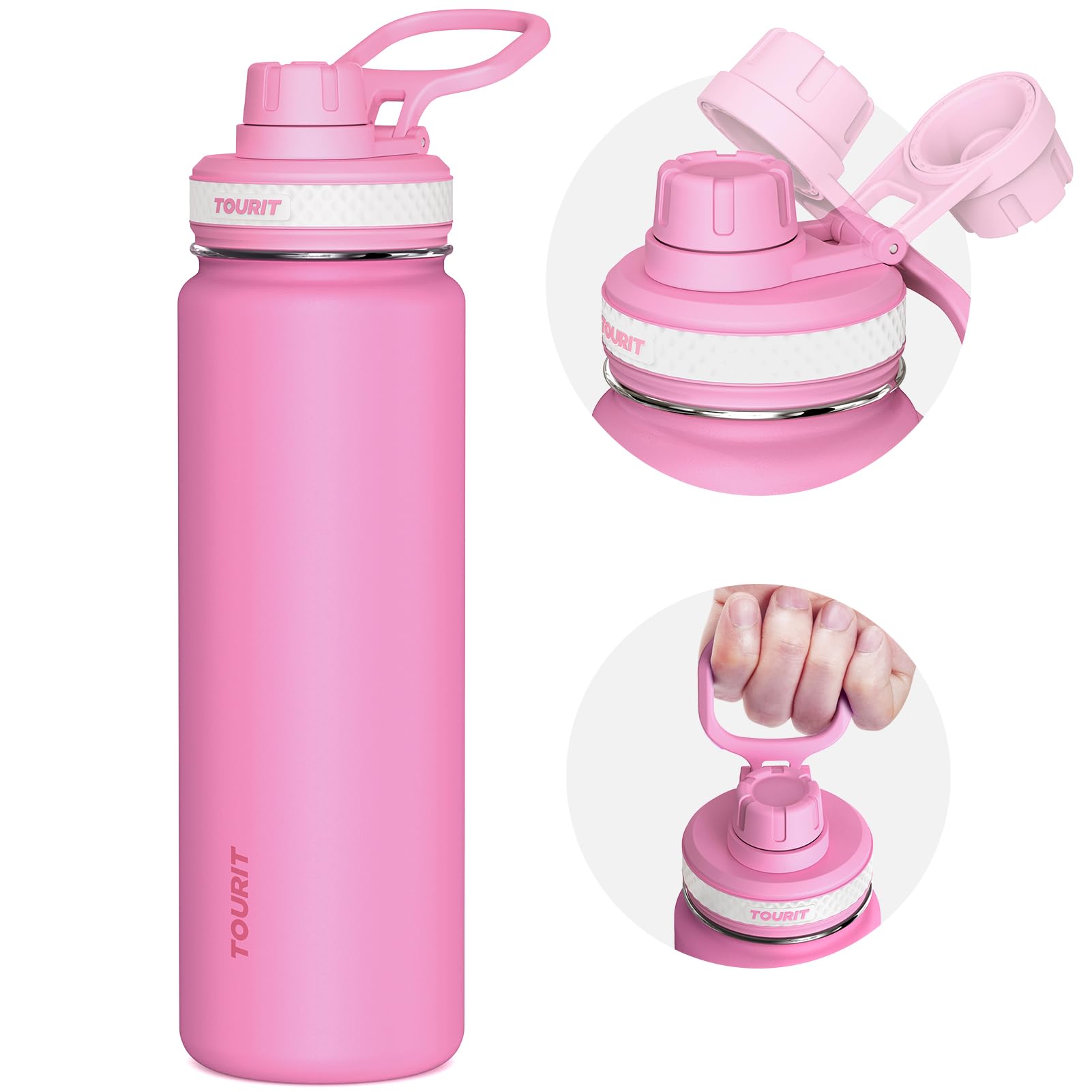 TOURIT 24 oz bottle cap close-up showing leakproof seal for on-the-go hydration
