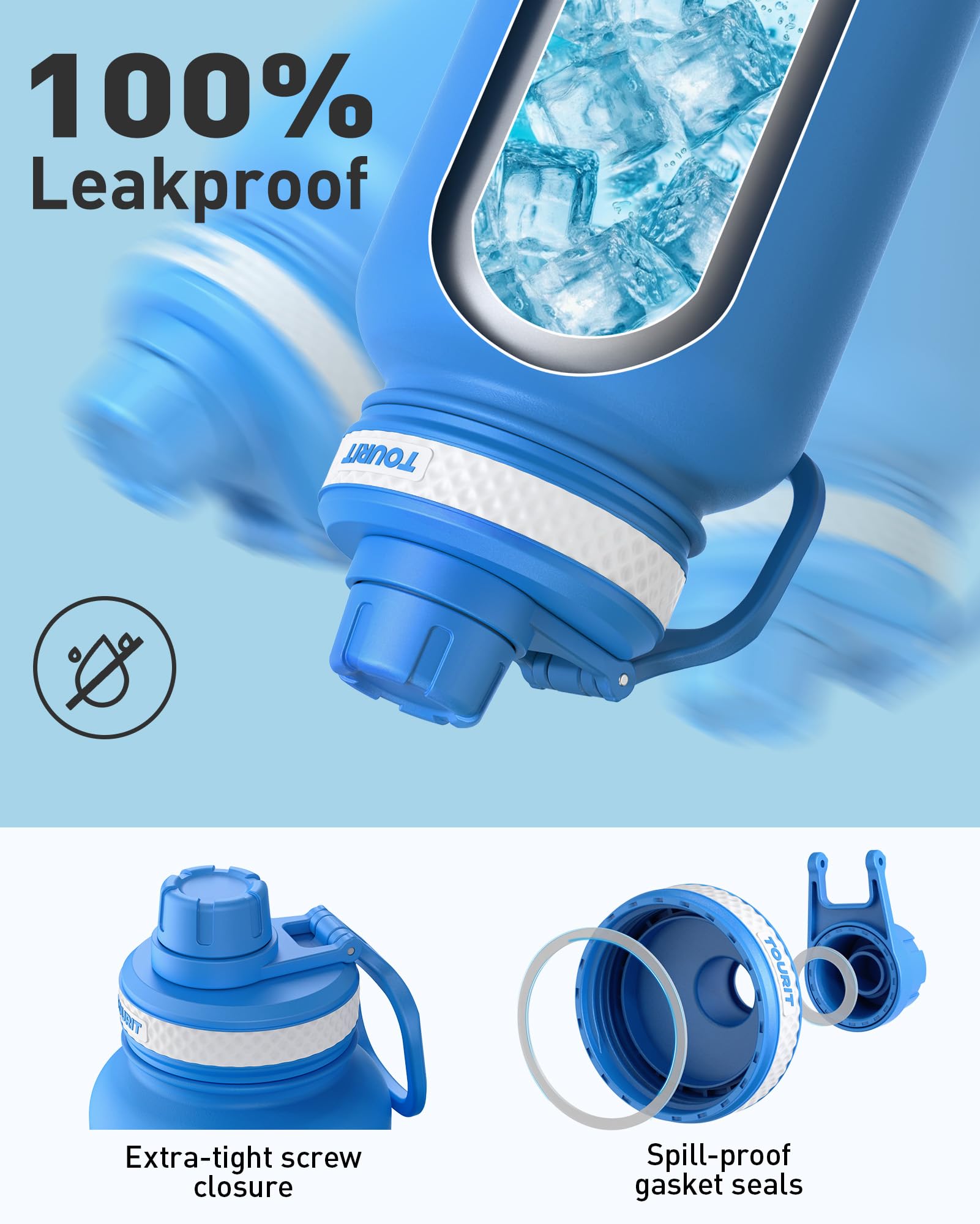 TOURIT bottle top-view emphasizes ergonomic shape and grip-friendly design