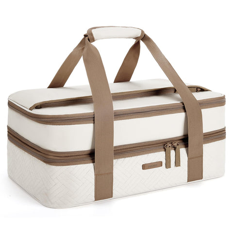 Tourit double-decker casserole carrier viewed closed, preserving hot or cold meals on the go.