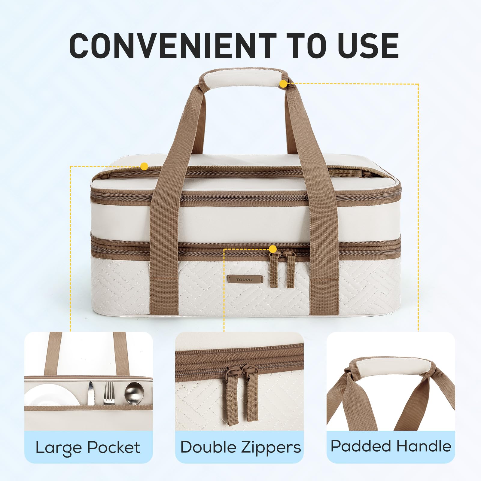 Tourit leakproof interior with aluminum foil keeps contents protected while maintaining temperature.