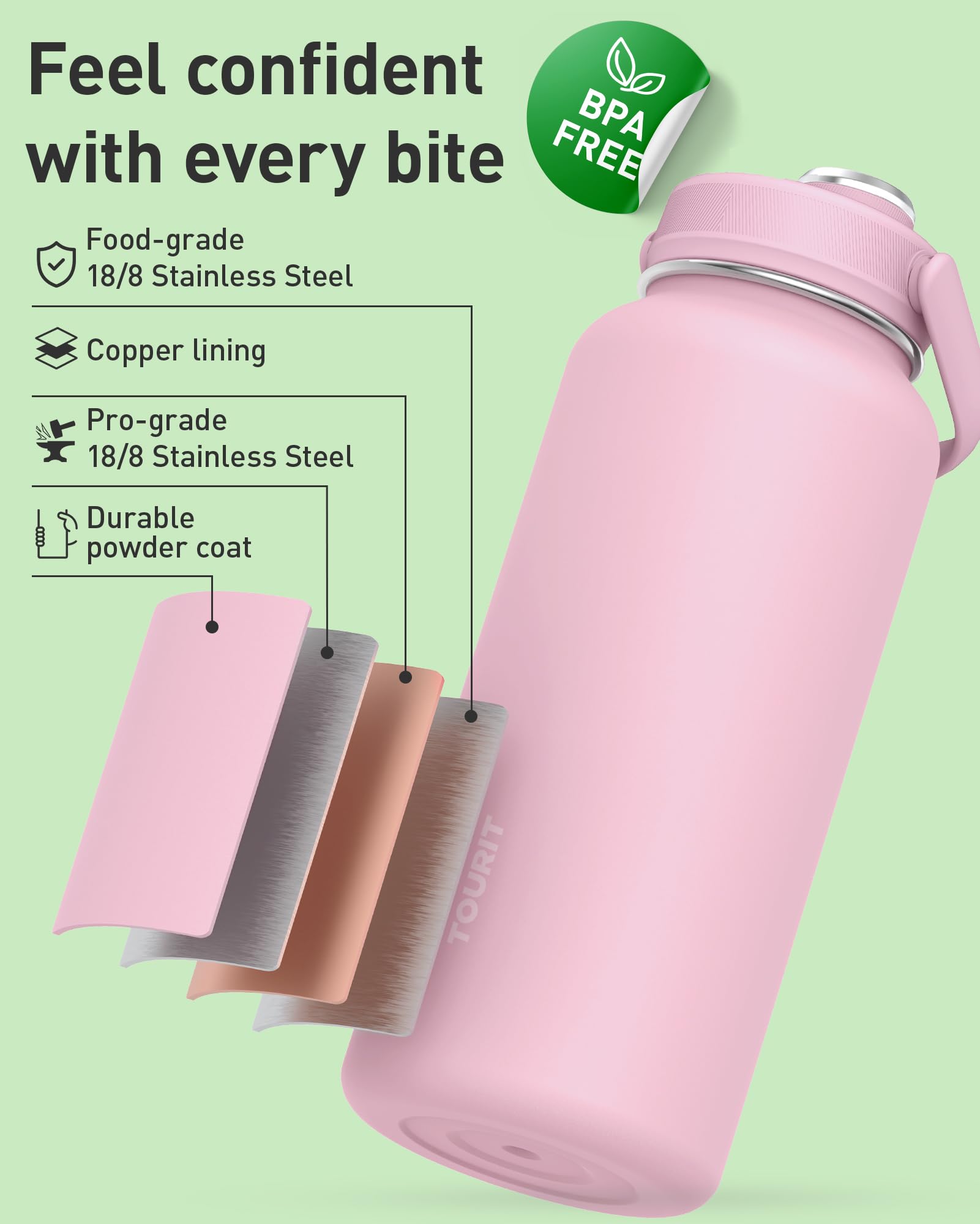 TOURIT leakproof screw-cap with gasket prevents spills on travel.