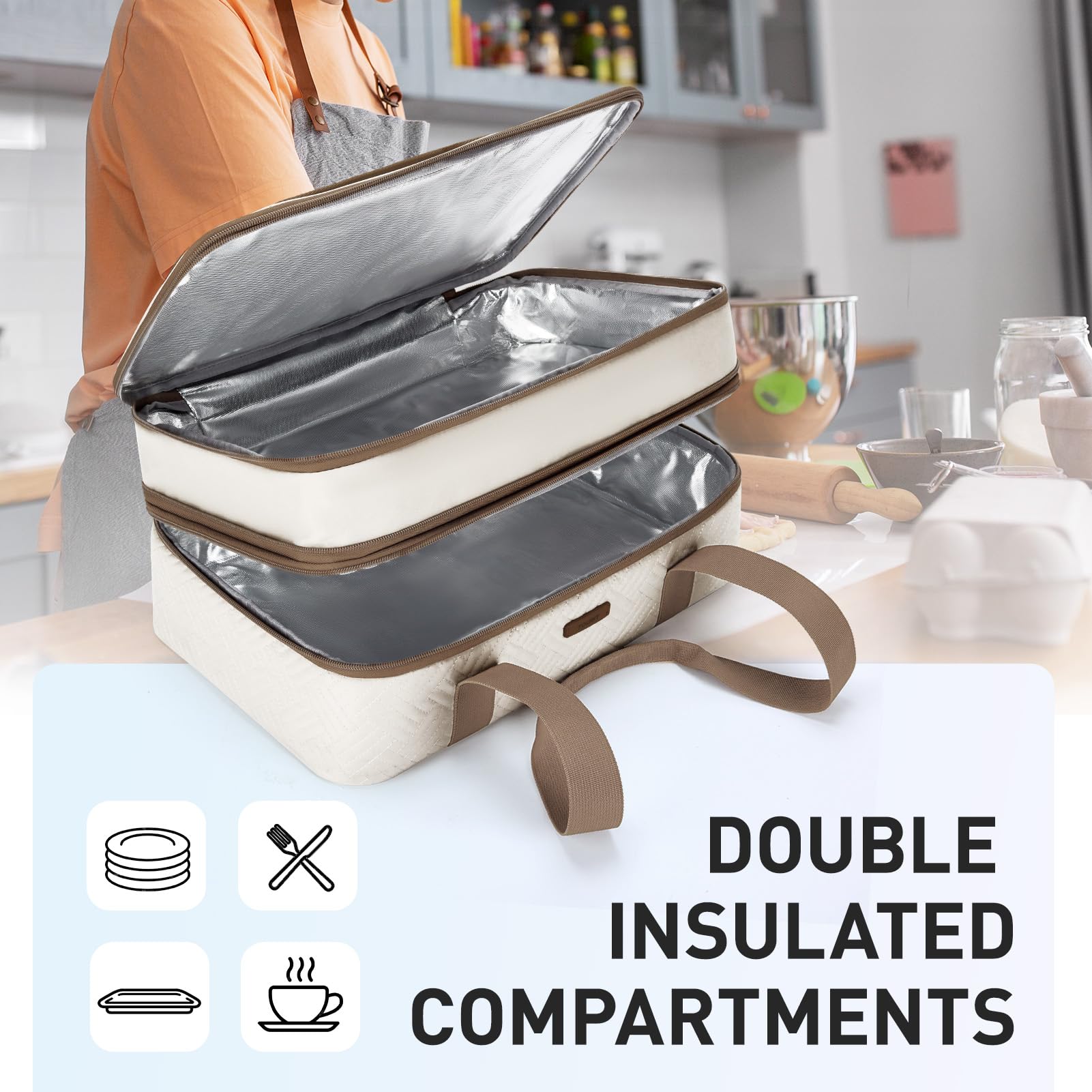 Tourit top-pocket storage on lid for utensils, napkins, and small accessories.
