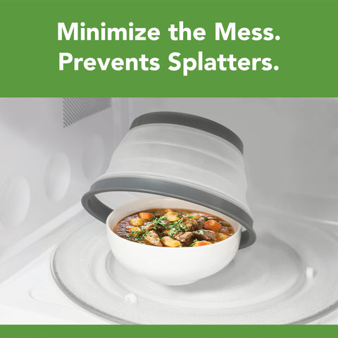 Tovolo 10-inch collapsible microwave splatter cover prevents mess and reheats evenly on larger plates.