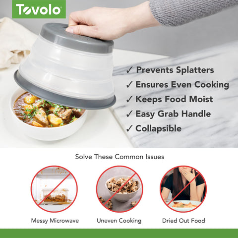 Tovolo 13-inch collapsible microwave splatter cover covers large dishes while venting steam efficiently.