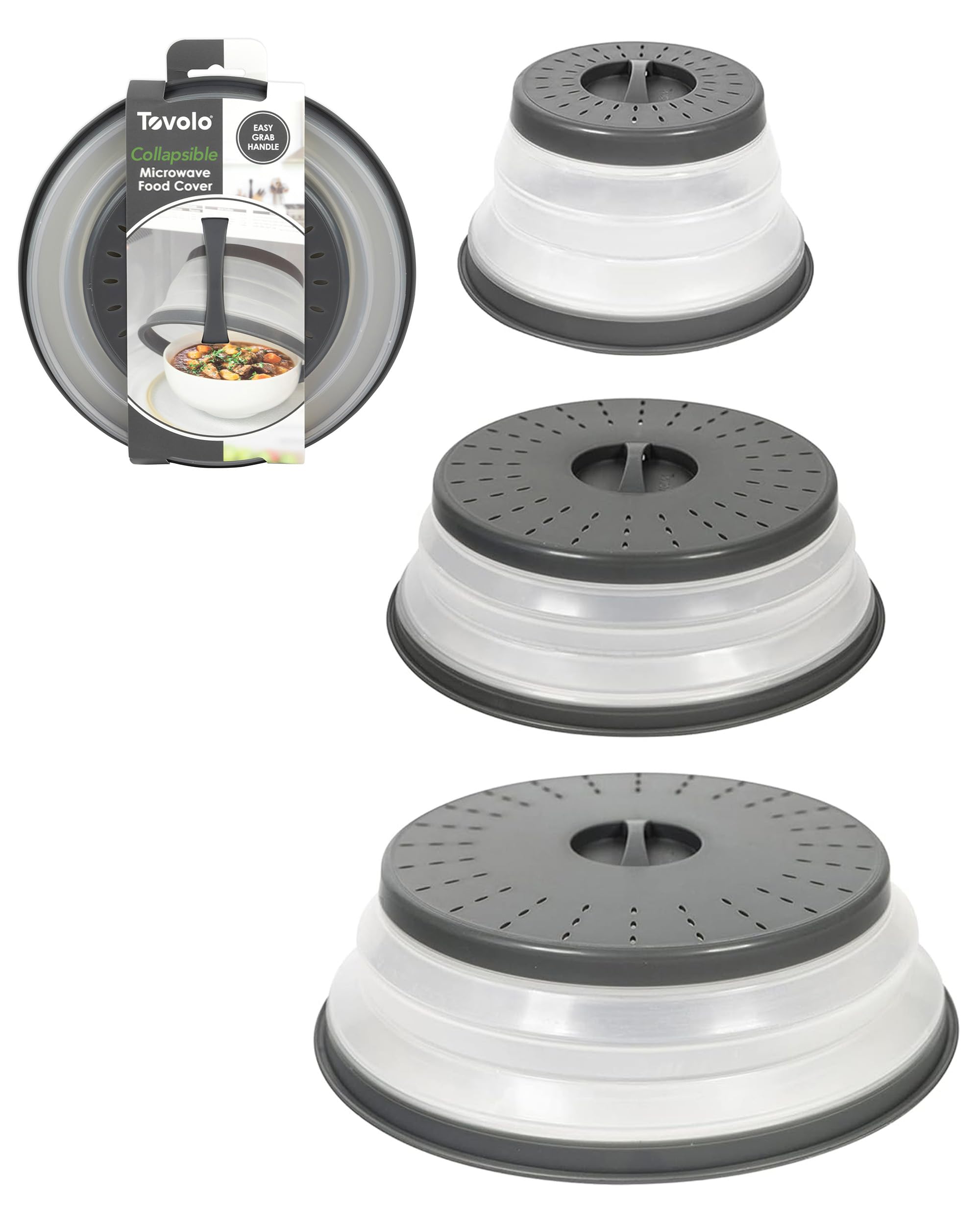 Tovolo 8-inch collapsible microwave splatter cover protects food from splatters and stores flat.