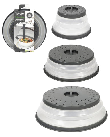 Tovolo 8-inch collapsible microwave splatter cover protects food from splatters and stores flat.