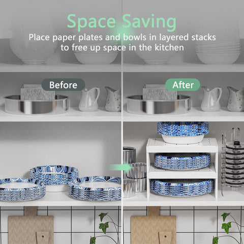 Towardfun two-tier kitchen organizer stores plates and bowls neatly.