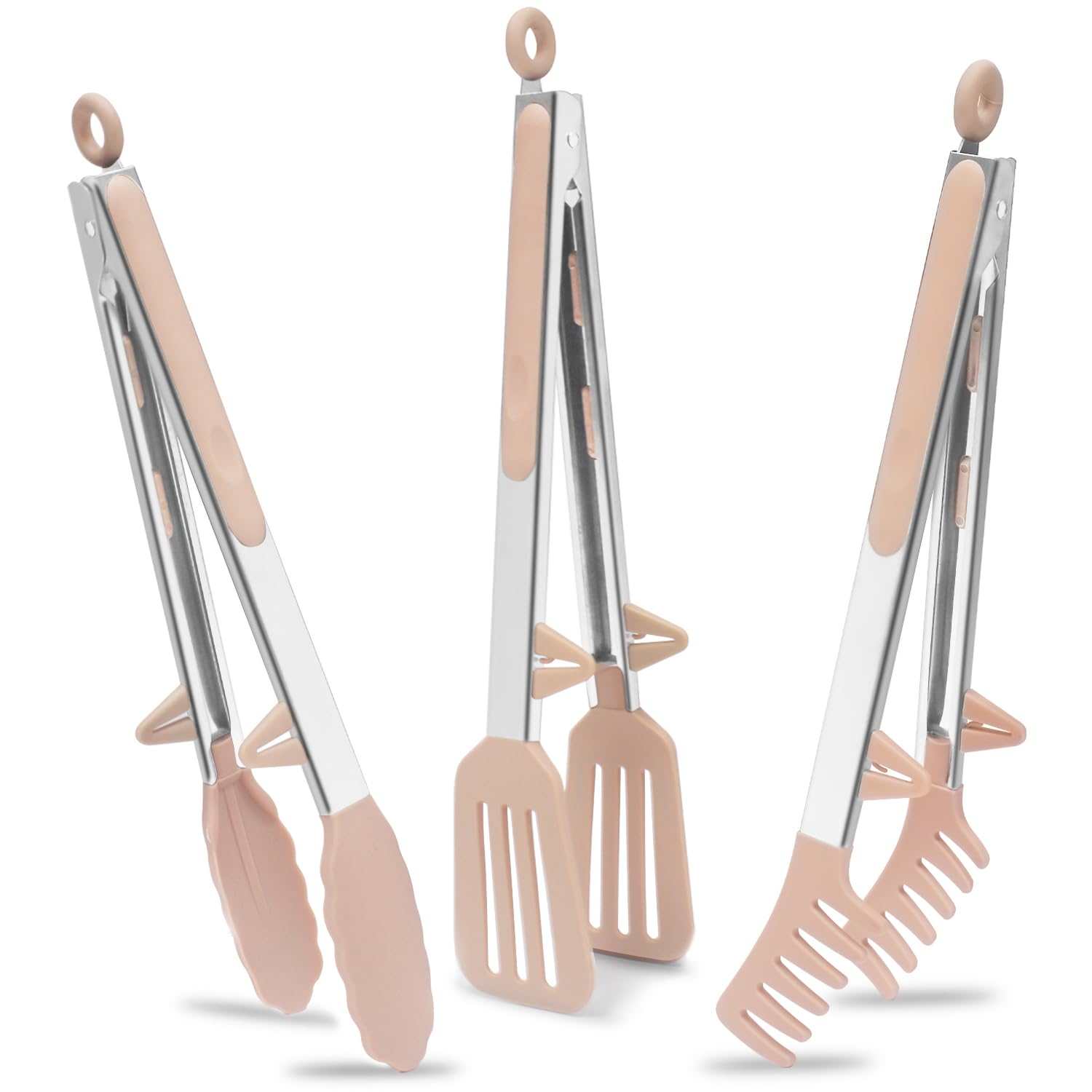 Towingo 12-inch silicone tongs with pink tips, safe for nonstick cookware and easy serving.