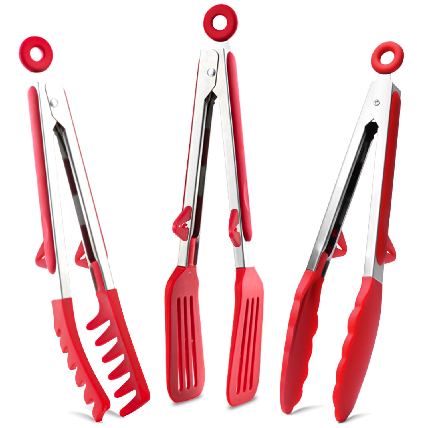 TOWINGO 9-inch silicone-tipped kitchen tongs for safe nonstick cooking.