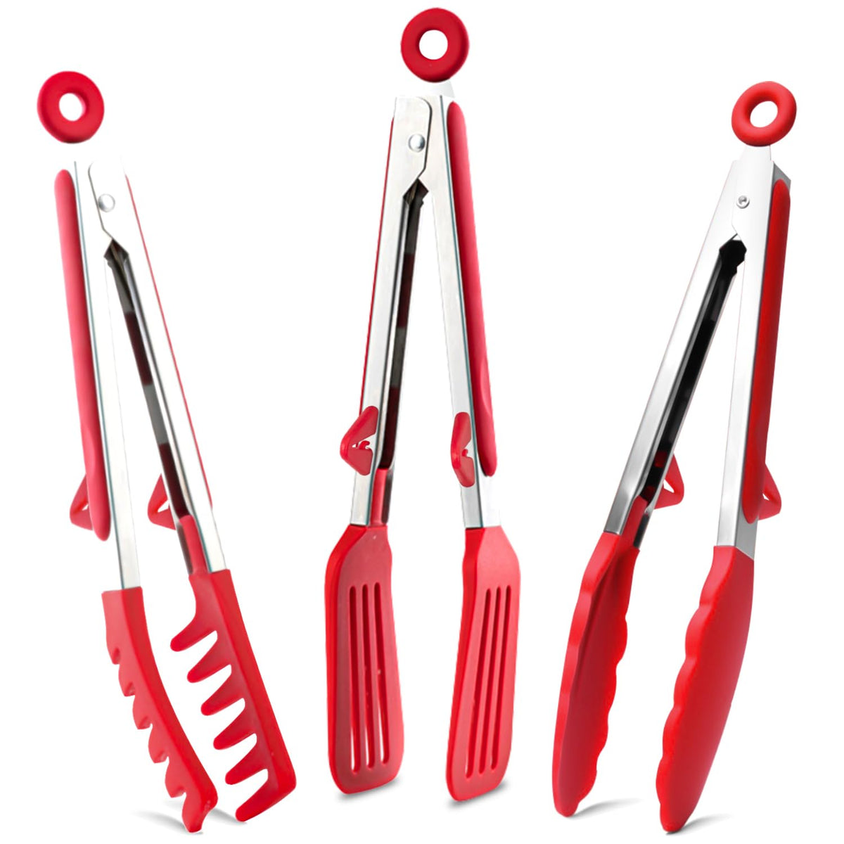 TOWINGO 9-inch silicone-tipped kitchen tongs for safe nonstick cooking.