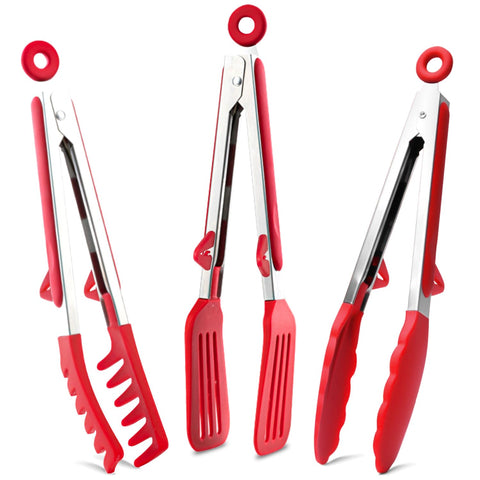 TOWINGO 9-inch silicone-tipped kitchen tongs for safe nonstick cooking.