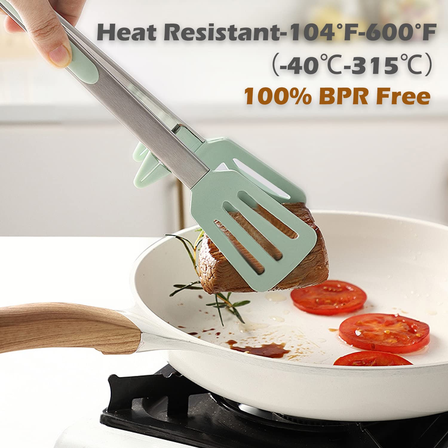 TOWINGO stand-and-lock silicone tongs keep the tips off counters.