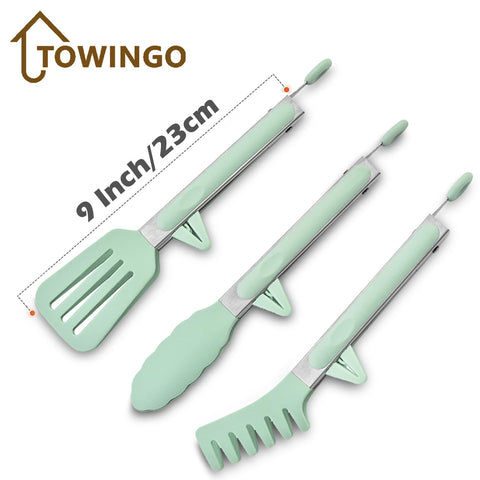 TOWINGO dishwasher-safe silicone tongs for quick cleanup after cooking.