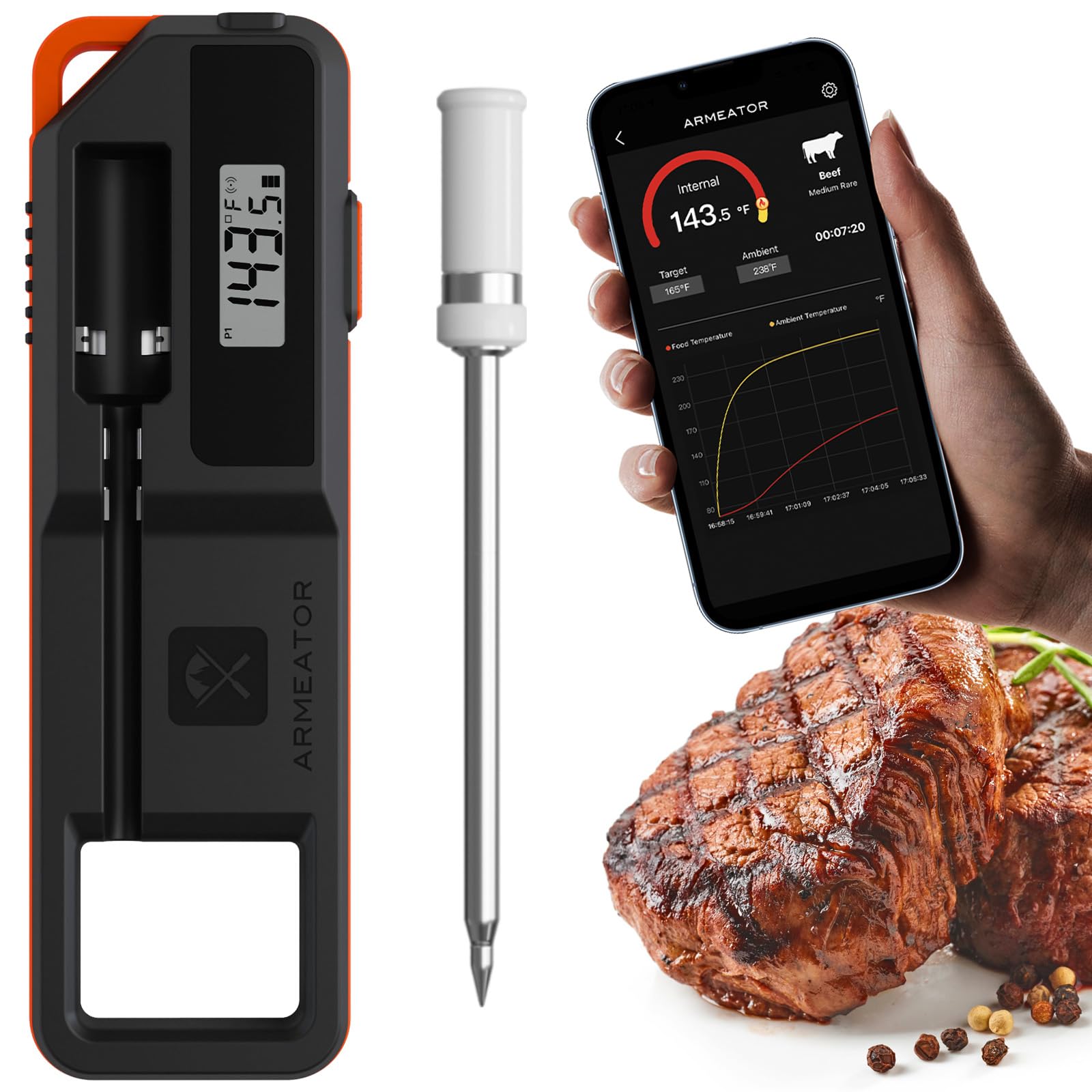 ToyCod A1 dock-charger keeps the thermometer powered and ready for cooking.