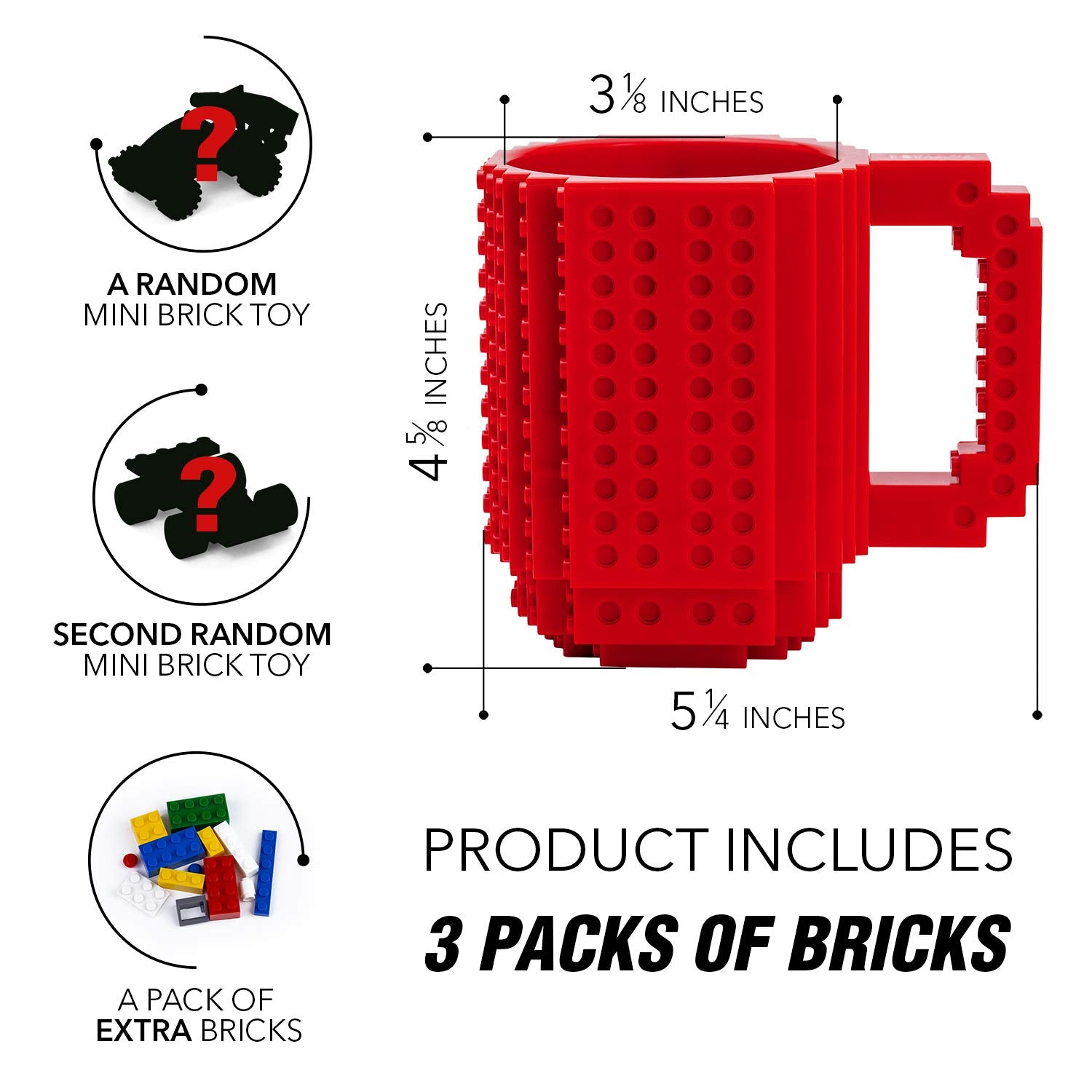TOYAMBA Build-on Brick Mug with three brick packs ready for play.