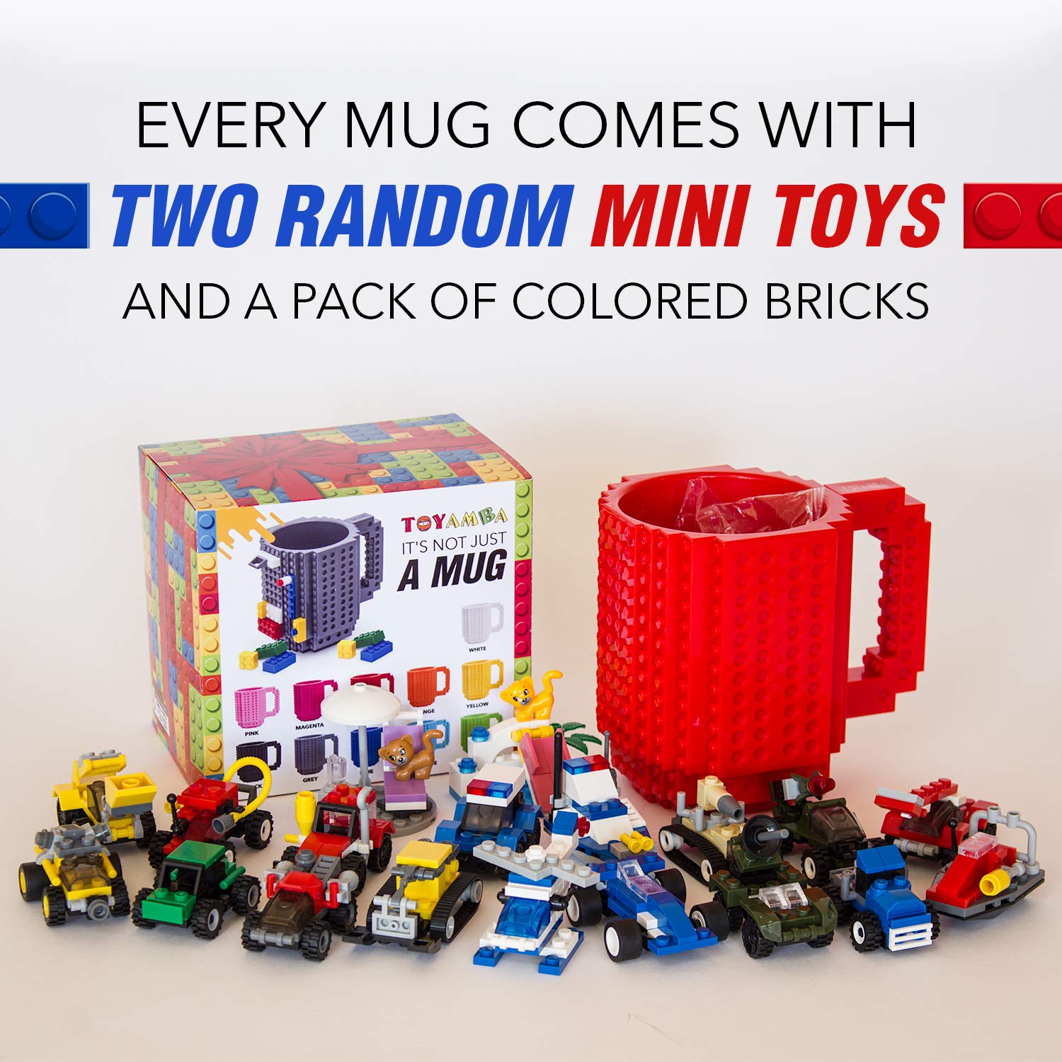 TOYAMBA Build-on Brick Mug compatible with major brick brands for expanded play.
