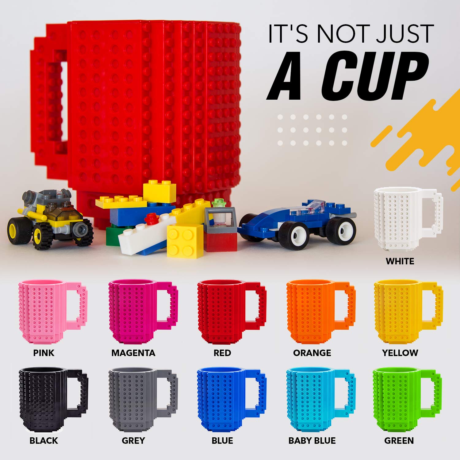 TOYAMBA Build-on Brick Mug gift idea for teens and kids with bricks.