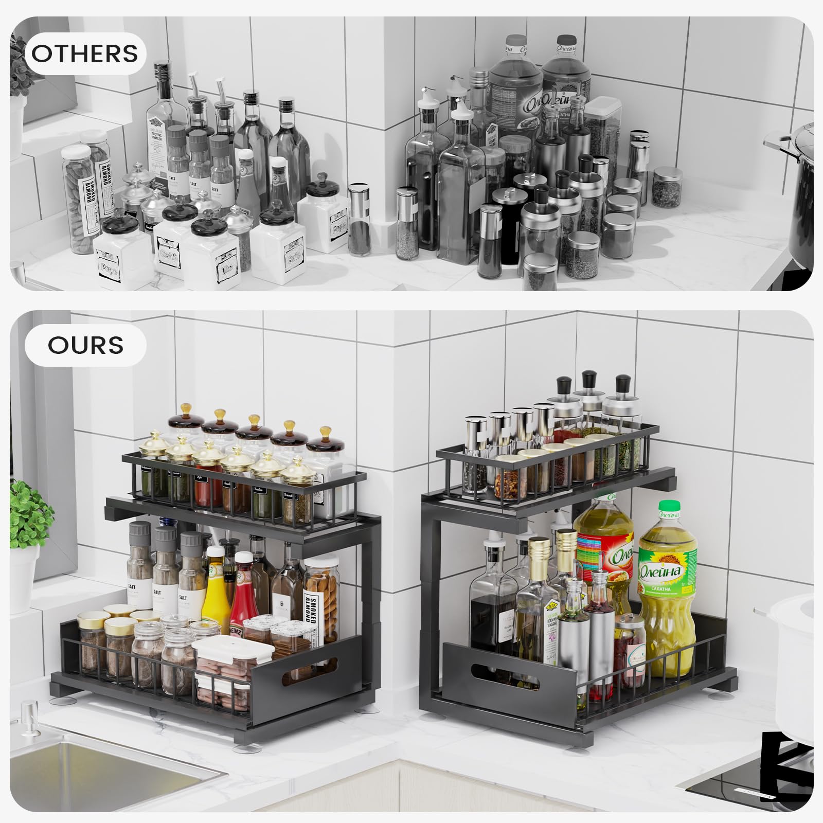 Toyear adjustable baskets show height customization for different bottle sizes.