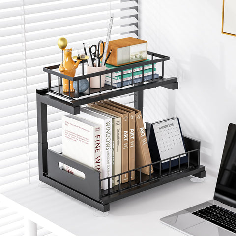 Toyear two-pack under sink organizer for versatile kitchen and bathroom storage.