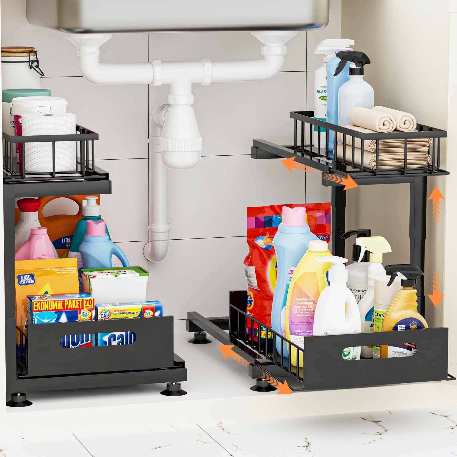 Toyear under sink organizer with two pull-out baskets for easy cabinet access.