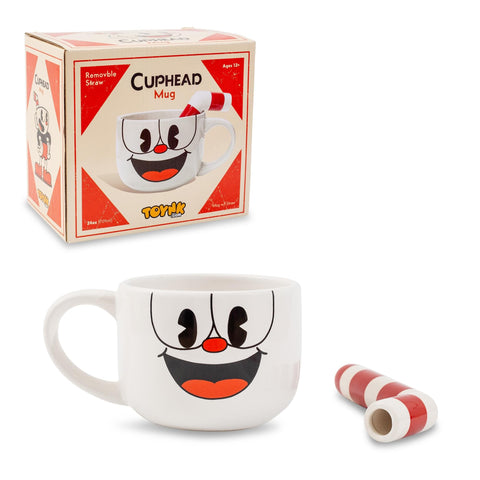 Toynk Cuphead mug straw highlight for easy sipping during cocoa or tea.