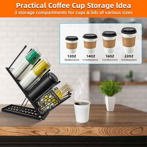 toytoto multi-size cup and lid holder with wire basket for small items.