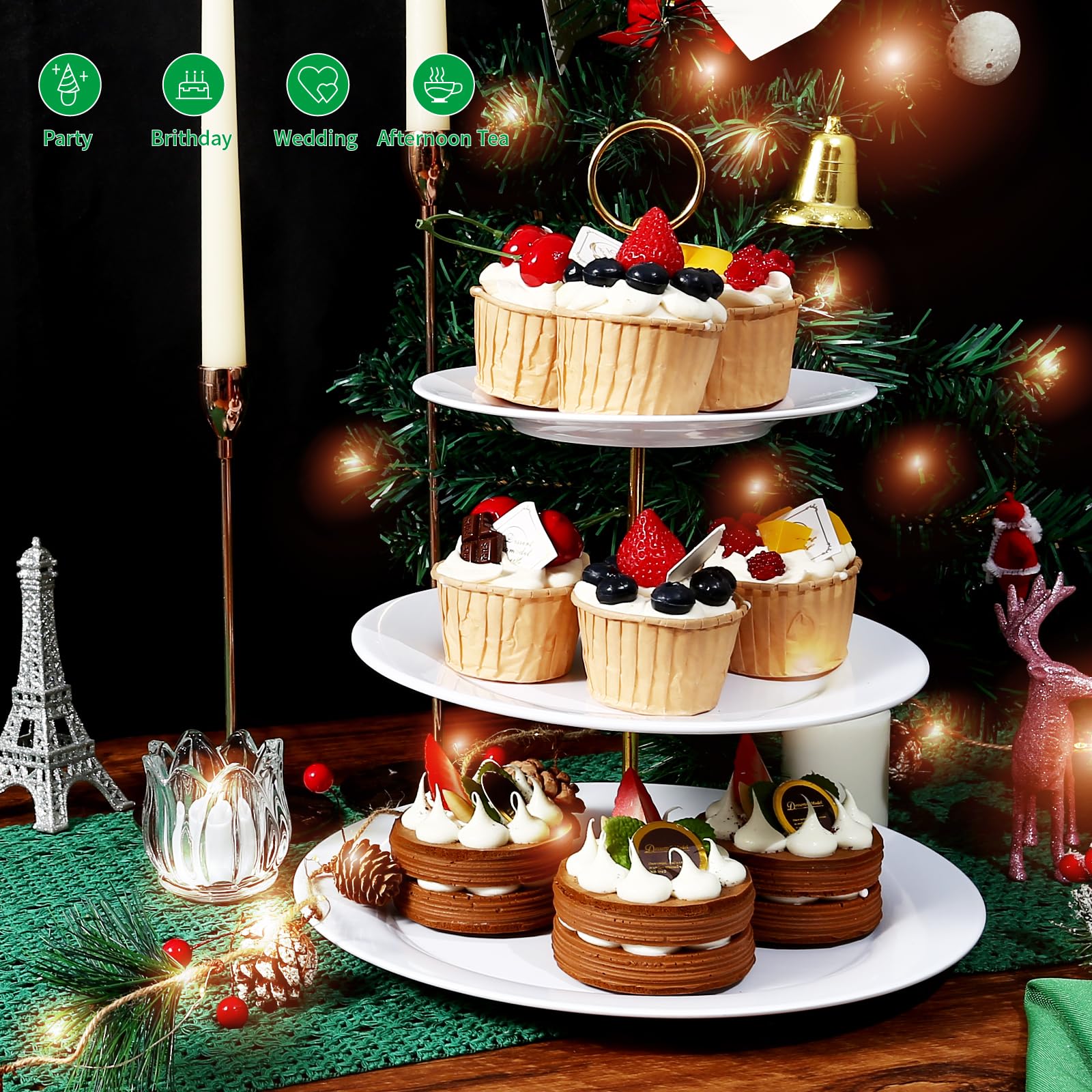 TP 3-Tier melamine cake stand on table shows versatile event use.