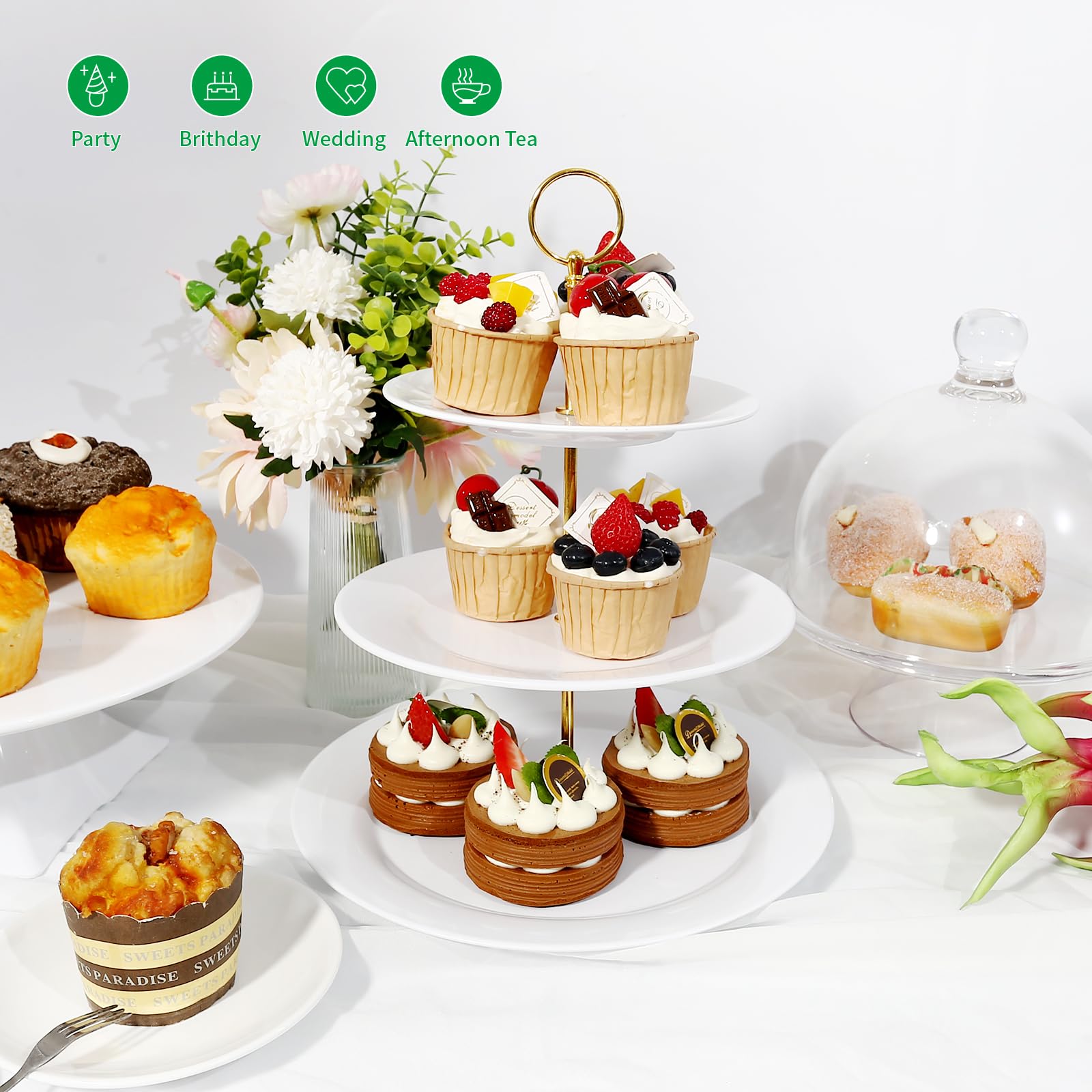 TP 3-Tier melamine cake stand poles highlight thick supporting columns for added stability.