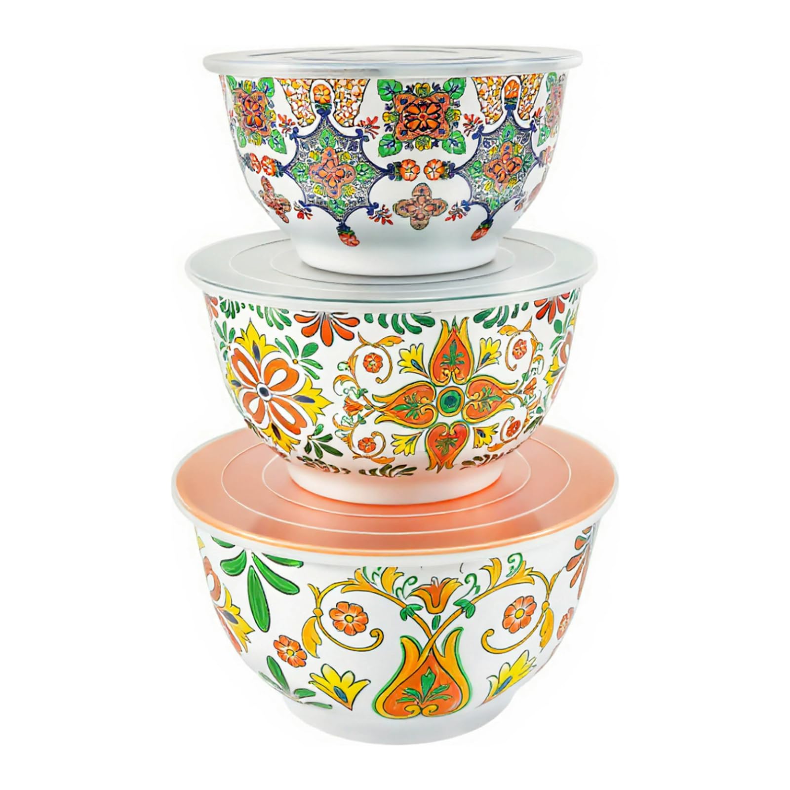 TP Aztec Bloom three-piece set front view showing lids on largest bowls for serving and prepping