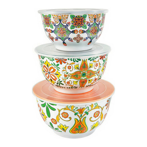 TP Aztec Bloom three-piece set front view showing lids on largest bowls for serving and prepping