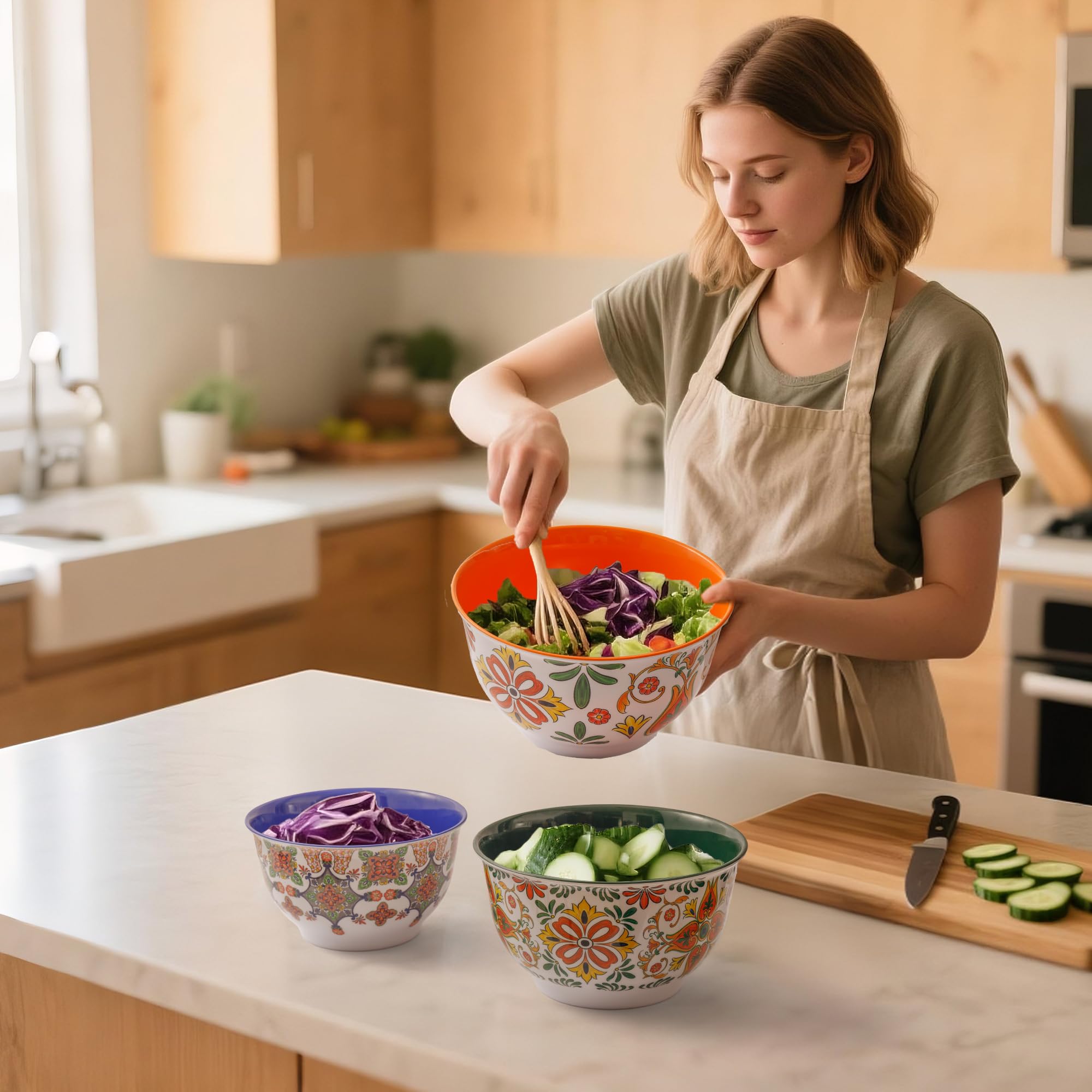 TP Aztec Bloom nesting bowls stacked for compact storage in a cabinet