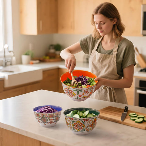 TP Aztec Bloom nesting bowls stacked for compact storage in a cabinet