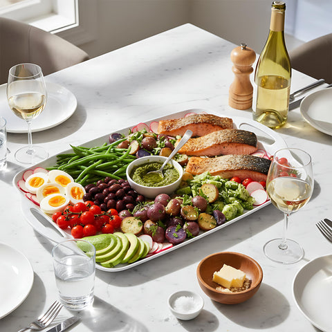 TP trays 19x12 are not oven safe, ideal for cold or room-temp serving.