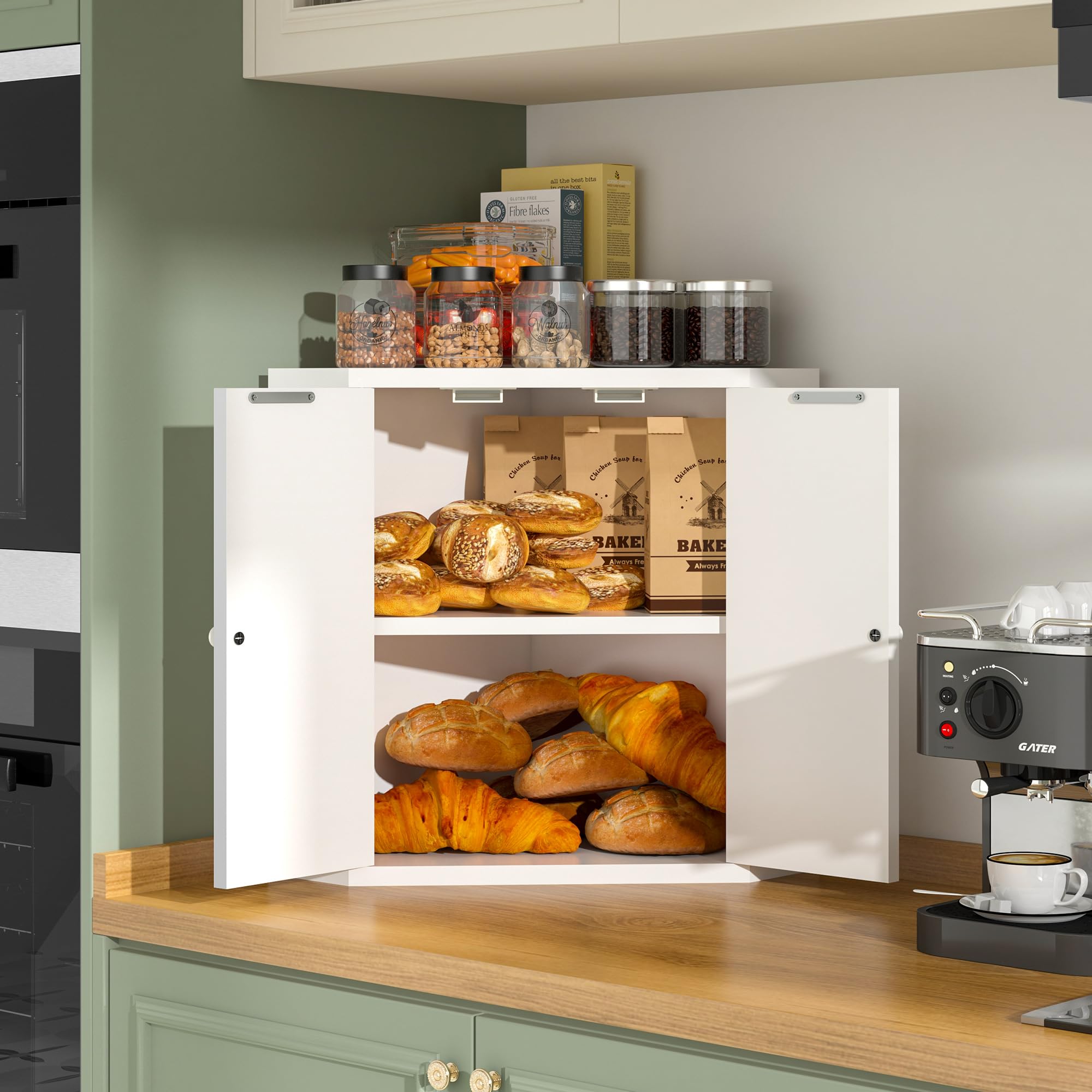 TQQDCI bamboo bread box natural wood finish on counter