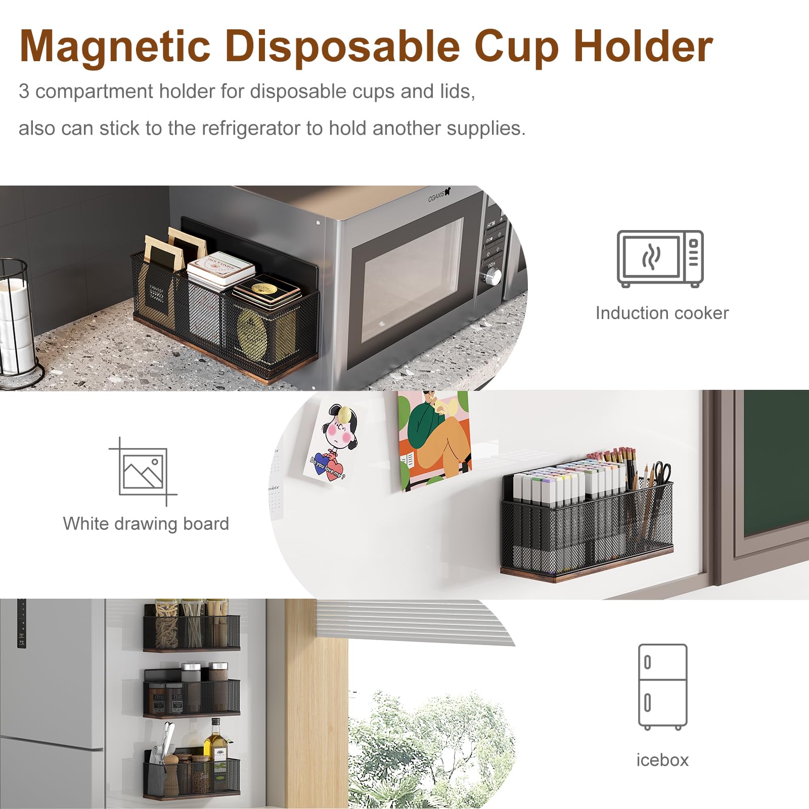 TQVAI magnetic organizer with three slots for cups and lids.