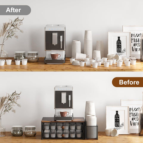 TQVAI coffee bar setup on countertop keeps pods and cups within reach.