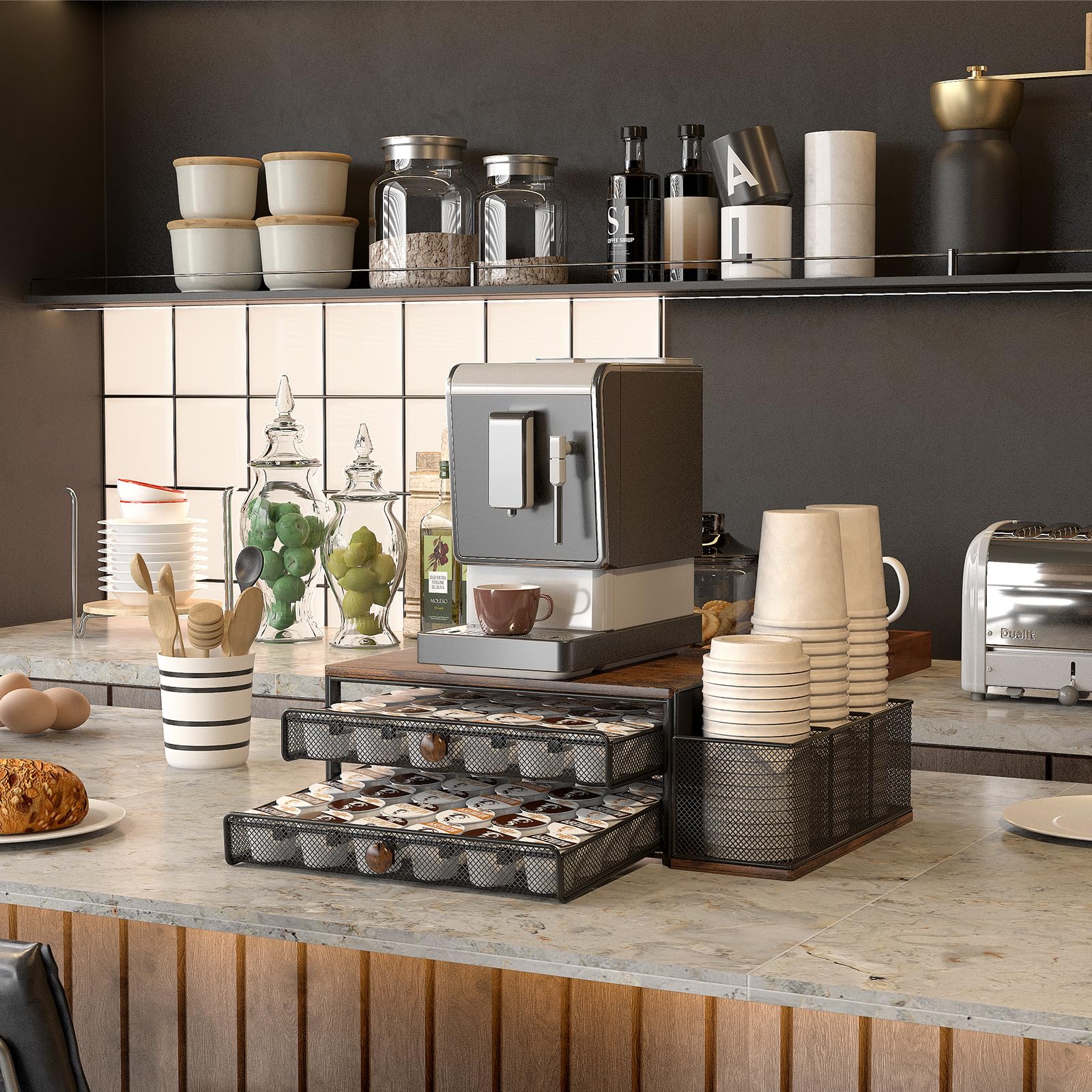 TQVAI cup holder with open drawer reveals 60-pod capacity and adjustable dividers.