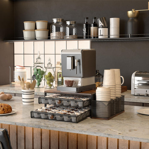 TQVAI cup holder with open drawer reveals 60-pod capacity and adjustable dividers.