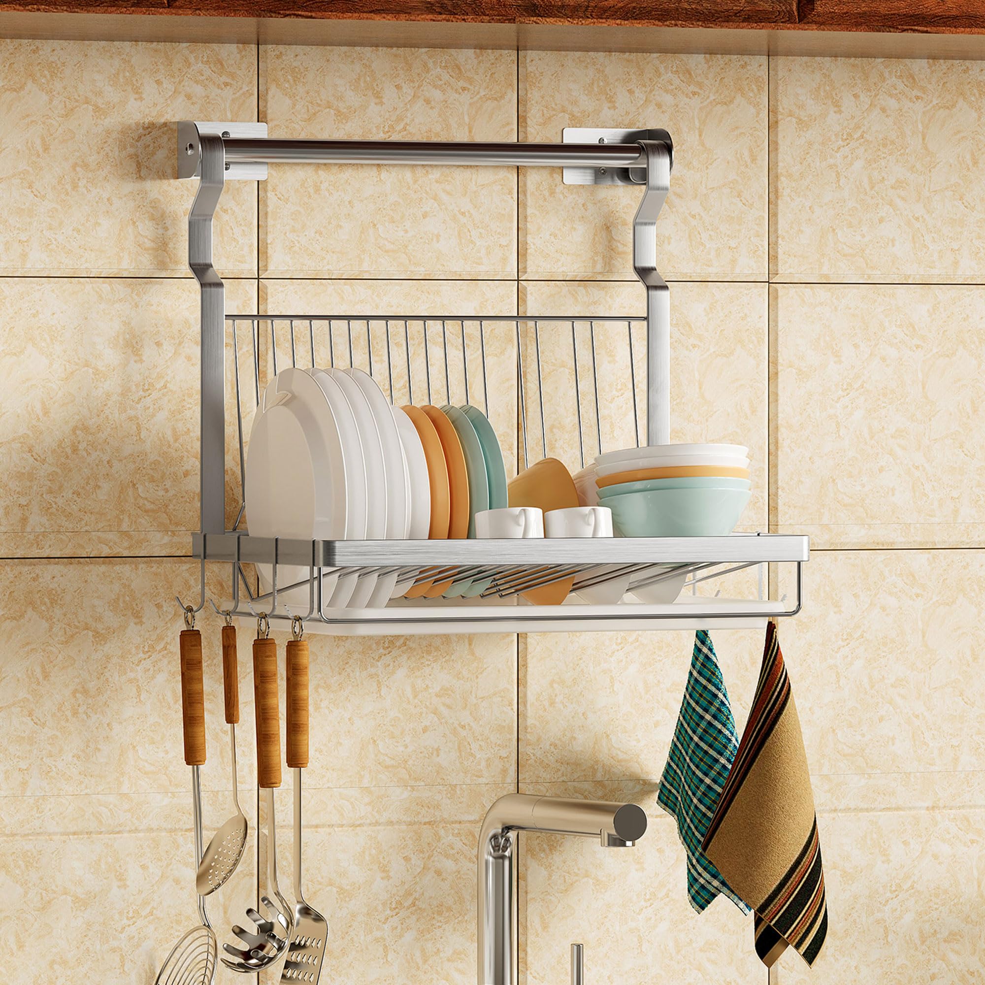 TQVAI hanging rod provides quick access to towels and utensils.